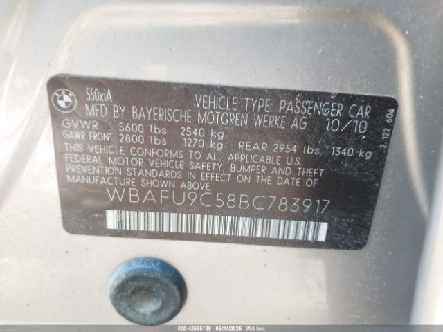 2011 BMW 550I WBAFU9C58BC783917 Photo 8
