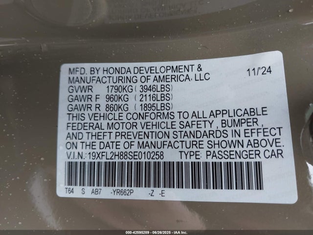 Honda k20c9 2025 19XFL2H88SE010258 Image 9