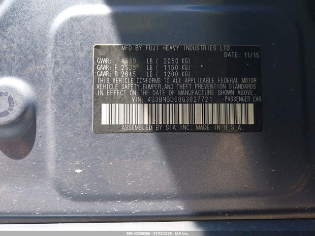 Subaru 2.5l u6 2016 4S3BNBD68G3027721 Image 9