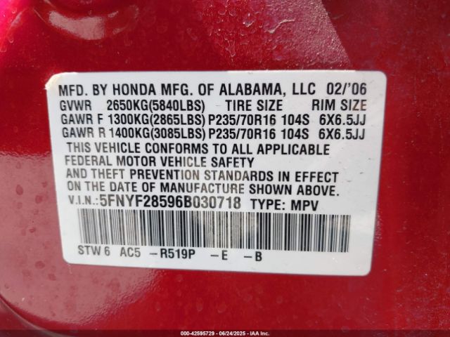 2006 HONDA PILOT 5FNYF28596B030718 Photo 8