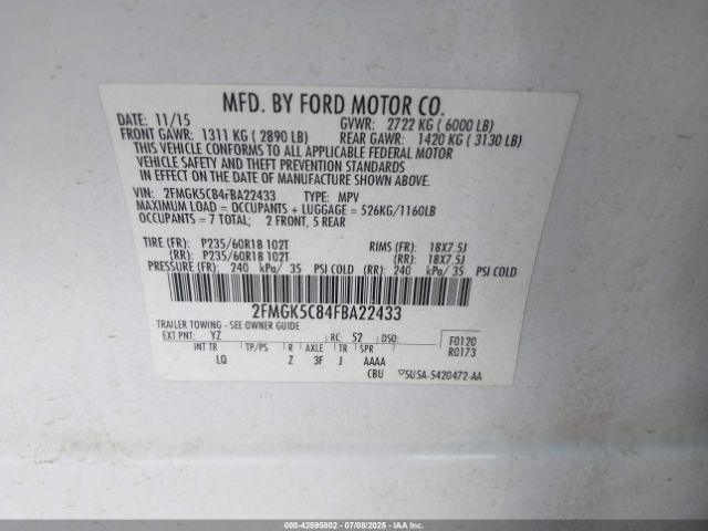 2015 FORD FLEX 2FMGK5C84FBA22433 Photo 8