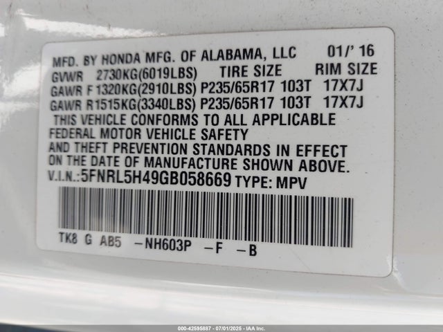 5FNRL5H49GB058669 Honda j35z8