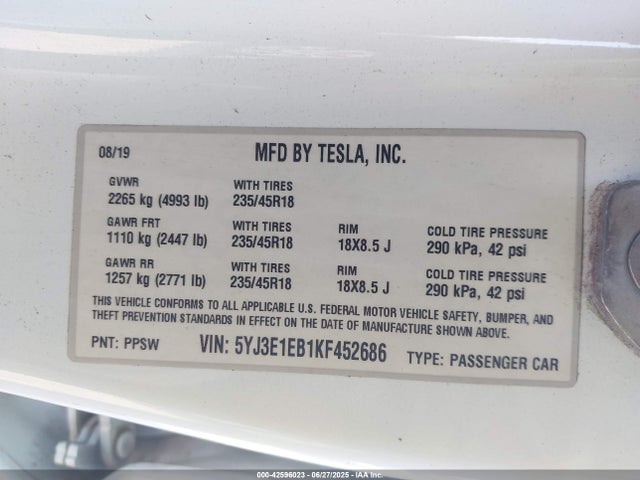 2019 TESLA MODEL 3 5YJ3E1EB1KF452686 Photo 8