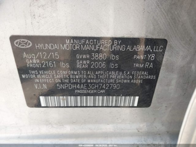 5NPDH4AE3GH742790 Hyundai dohc mpi nu