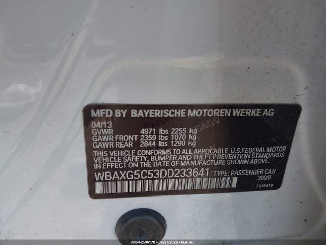 2013 Bmw 528i მანქანა იყიდება აუქციონზე, vin: WBAXG5C53DD233641, აუქციონის ნომერი: 42596170