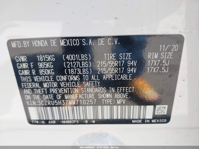 3CZRU5H37MM710257 Honda r18z9
