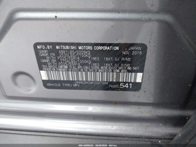 2019 MITSUBISHI OUTLANDER JA4AD3A39KZ027399 Photo 8