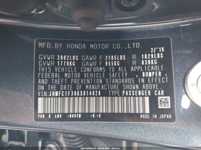 2019 HONDA CIVIC JHMFC1F30KX014028 Photo 8