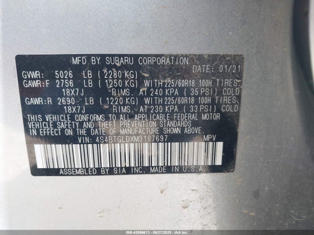 4S4BTGLDXM3167697 Subaru Outback