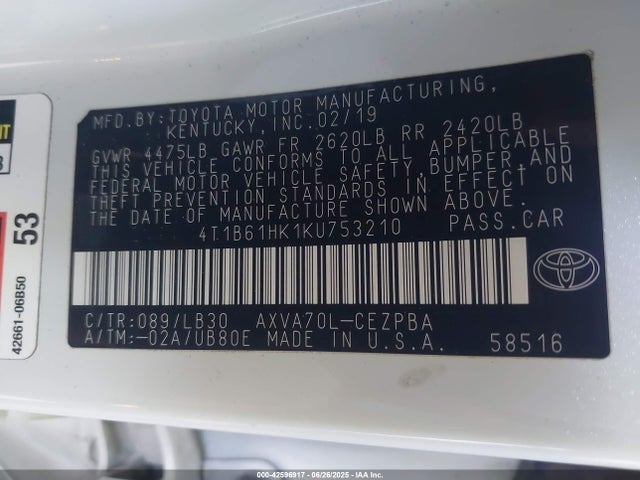 4T1B61HK1KU753210 Toyota a25a-fks