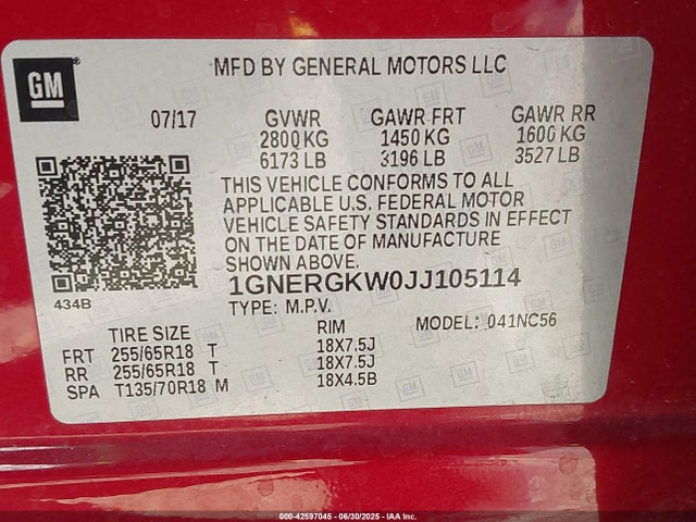 1GNERGKW0JJ105114 Chevrolet lfy - spark ignited direct injection, atss, gen 1