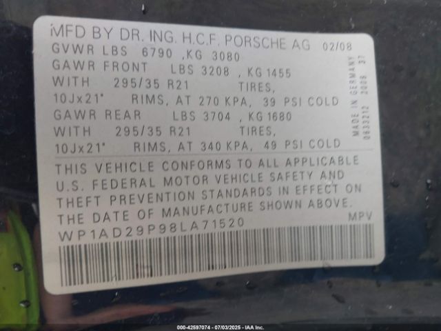 2008 PORSCHE CAYENNE WP1AD29P98LA71520 Photo 8