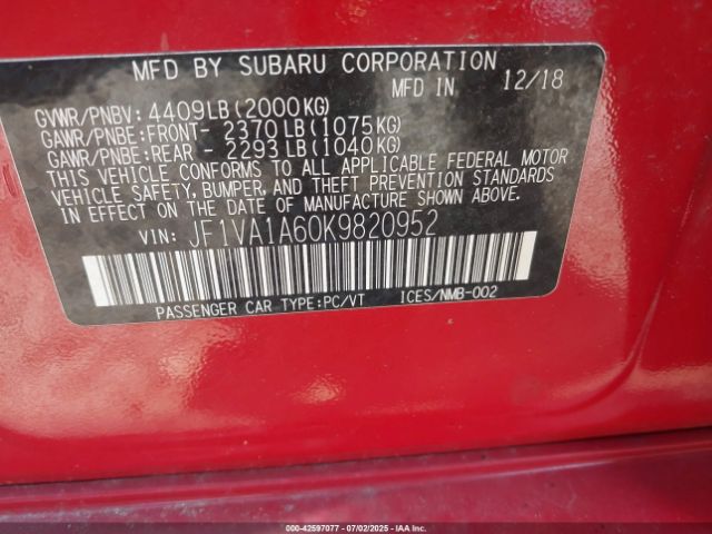 2019 SUBARU WRX JF1VA1A60K9820952 Photo 8