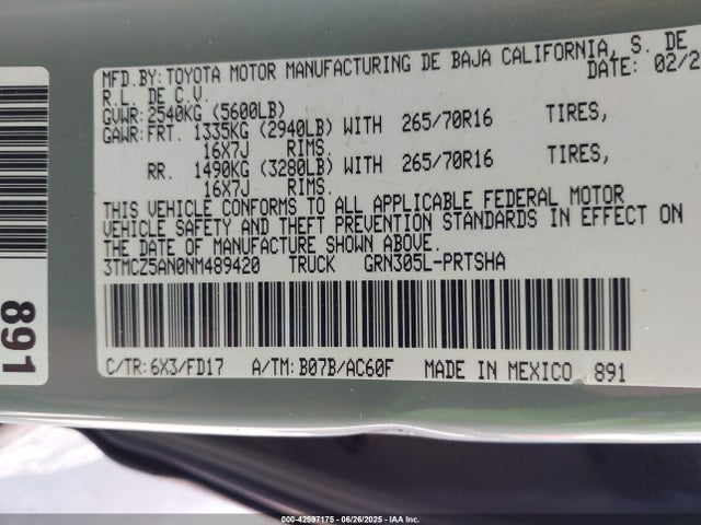 3TMCZ5AN0NM489420 Toyota 2gr-fks
