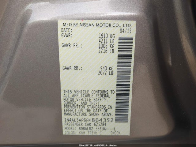 1N4AL3AP6FN864352 Nissan Altima 2.5 Sl