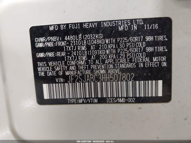 JF2SJABC3HH507802 Subaru naturally aspirated u5