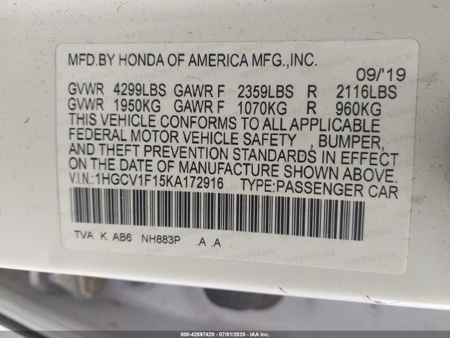 1HGCV1F15KA172916 Honda l15be