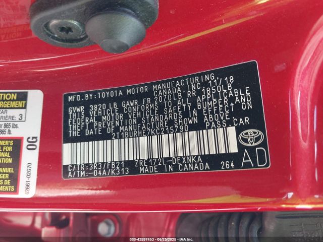 2019 TOYOTA COROLLA 2T1BURHE7KC215790 Photo 8