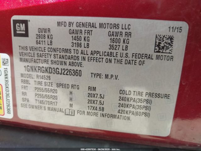 1GNKRGKD3GJ226360 Chevrolet llt - sidi, alum, 60 degrees