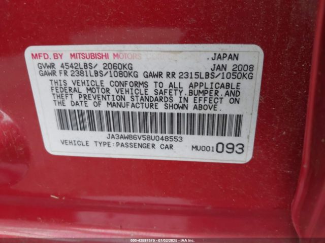2008 MITSUBISHI LANCER EVOLUTION JA3AW86V58U048553 Photo 8