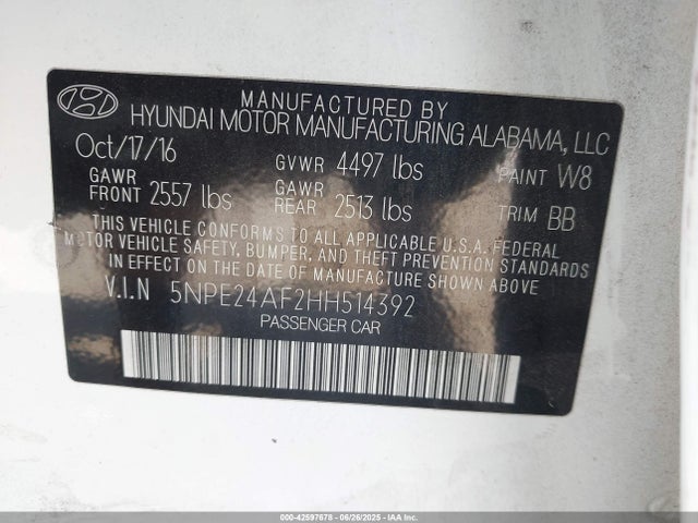 5NPE24AF2HH514392 Hyundai 2017