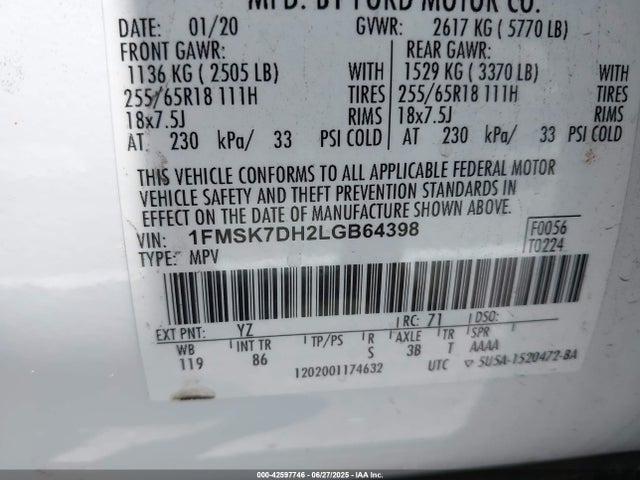 Ford 2020 2020 1FMSK7DH2LGB64398 Image 9