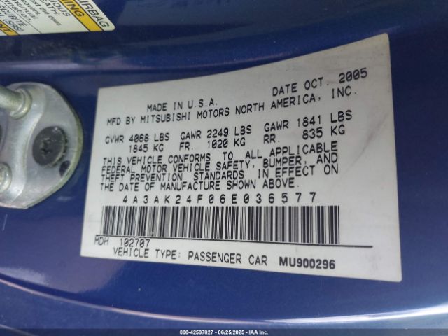 2006 MITSUBISHI ECLIPSE 4A3AK24F06E036577 Photo 8