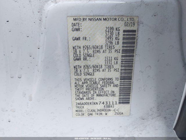 1N6AD0ER3KN743111 Nissan 2019