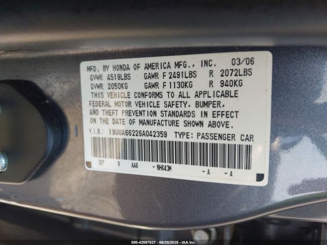 2006 ACURA TL 19UUA66226A042359 Photo 8