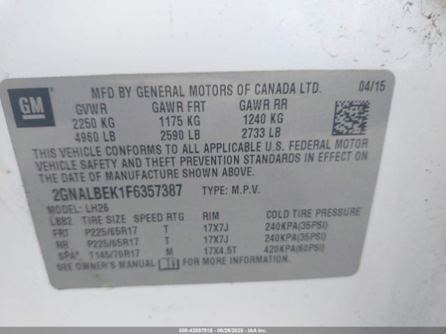 2GNALBEK1F6357387 Chevrolet lea - flex fuel (gas/alc), aluminum, ho,
