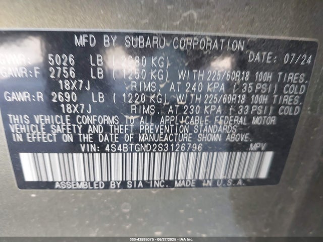 Subaru u4 2025 4S4BTGND2S3126796 Image 9