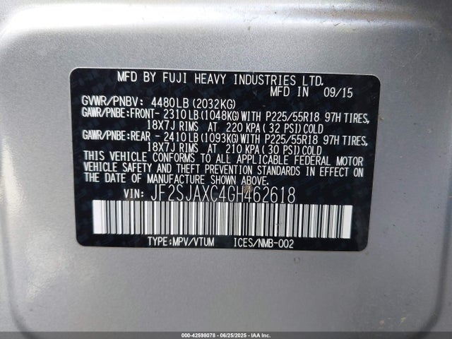 Subaru naturally aspirated u5 2016 JF2SJAXC4GH462618 Image 9