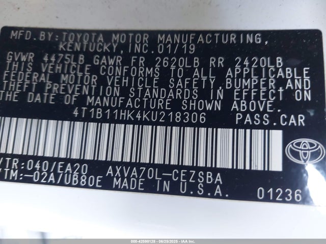 4T1B11HK4KU218306 Toyota a25a-fks