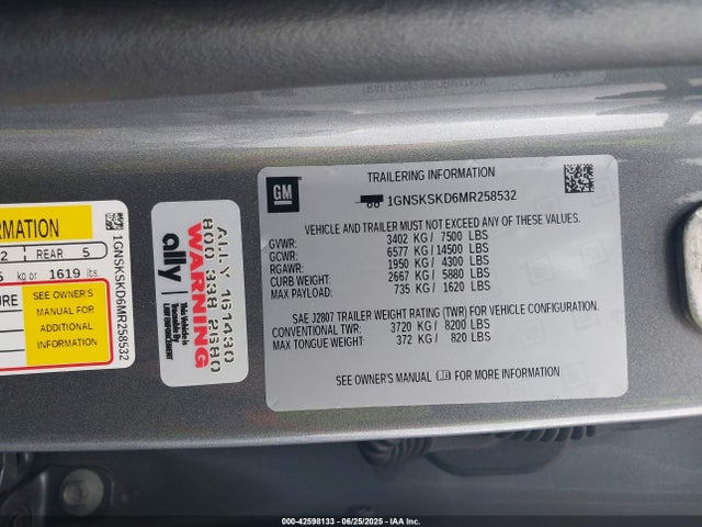 1GNSKSKD6MR258532 Chevrolet l84 - di, alum, gen 5, var 2