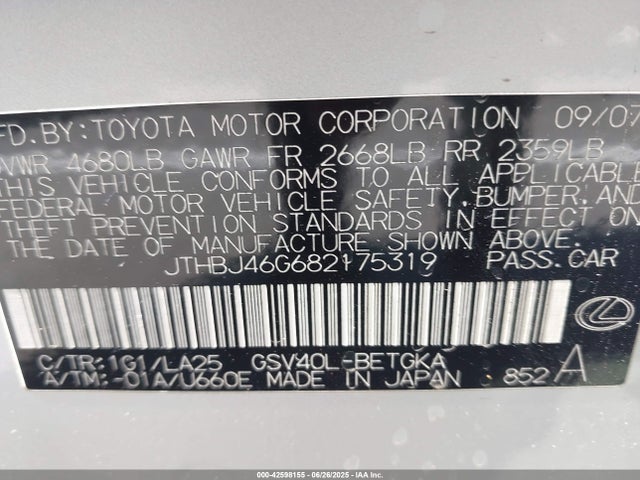Aukcja sprzedaży 2008 Lexus Es 350, vin: JTHBJ46G682175319, numer aukcji: 42598155