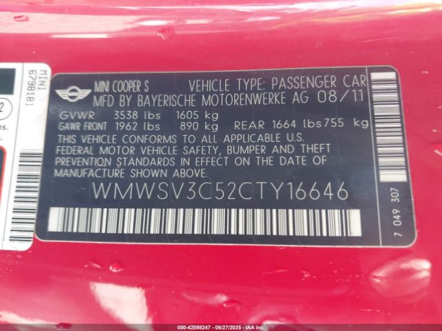 2012 MINI COOPER S WMWSV3C52CTY16646 Photo 8