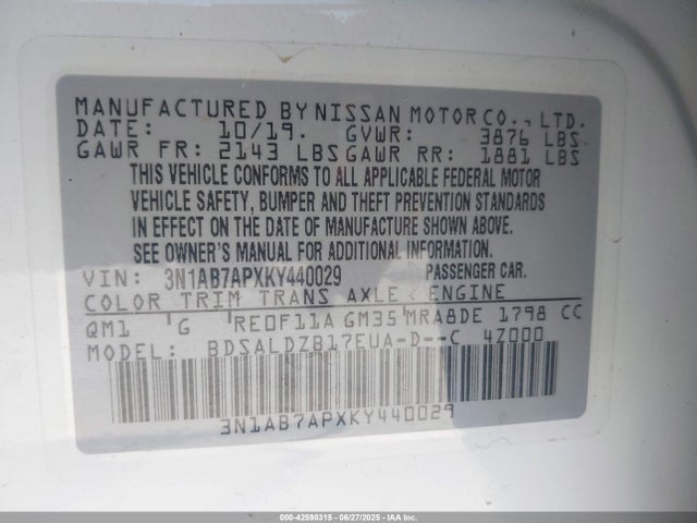 3N1AB7APXKY440029 Nissan 2019