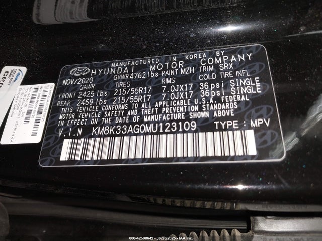 KM8K33AG0MU123109 Hyundai 2021