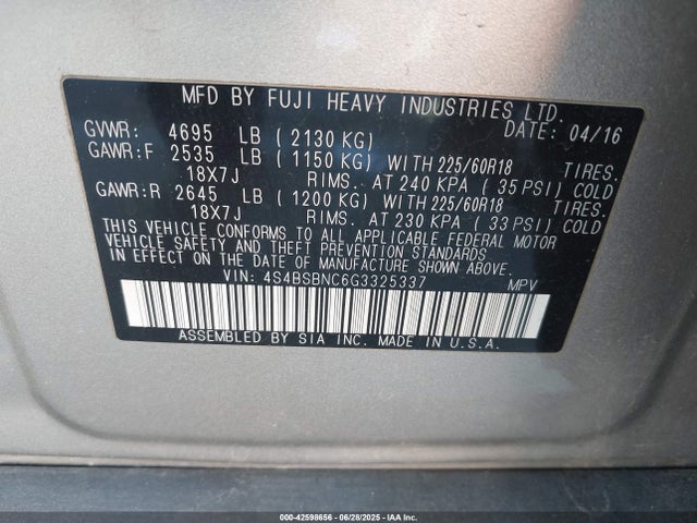 Subaru 2.5l u6 2016 4S4BSBNC6G3325337 Image 9