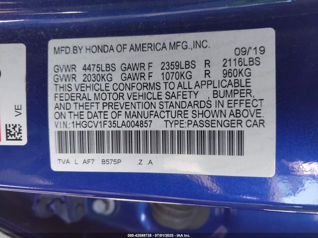1HGCV1F35LA004857 Honda l15be