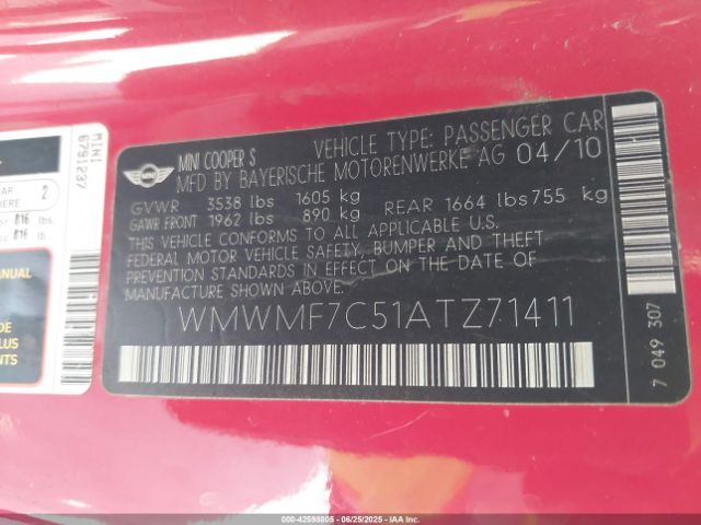 2010 MINI COOPER S WMWMF7C51ATZ71411 Photo 8