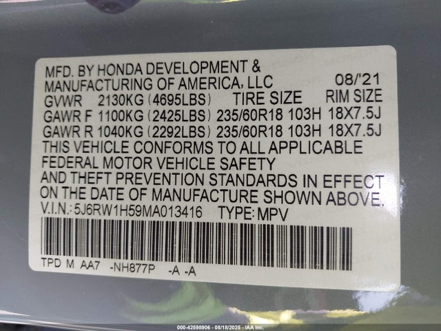 5J6RW1H59MA013416 Honda l15be