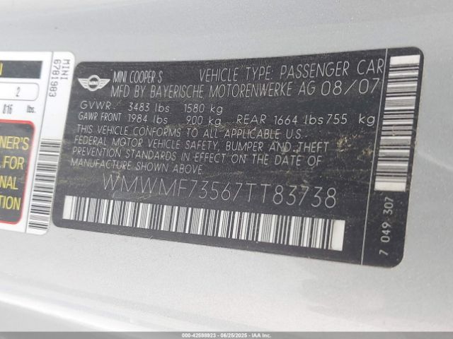 2007 MINI COOPER S WMWMF73567TT83738 Photo 8