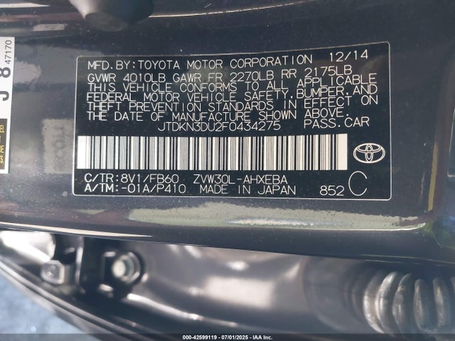 Toyota 2zr-fxe+3jm 2015 JTDKN3DU2F0434275 Image 9