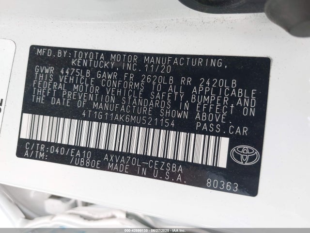 4T1G11AK6MU521154 Toyota a25a-fks