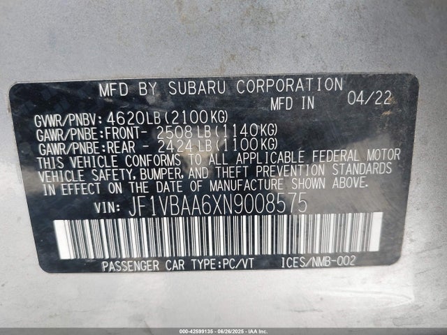 JF1VBAA6XN9008575 Subaru dib