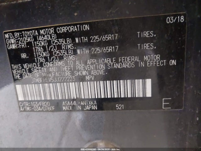 Toyota 2ar-fe 2018 JTMBFREV5JJ222223 Image 9