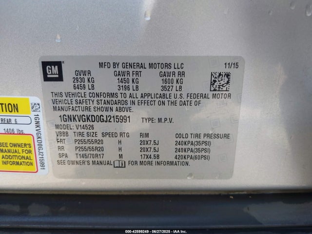 1GNKVGKD0GJ215991 Chevrolet llt - sidi, alum, 60 degrees
