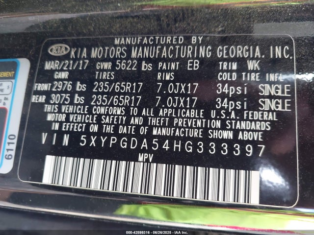 5XYPGDA54HG333397 KIA 2017