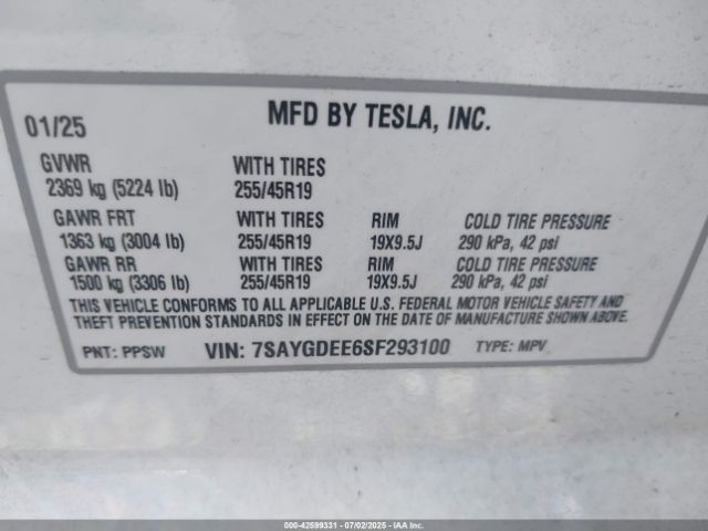 2025 TESLA MODEL Y 7SAYGDEE6SF293100 Photo 8